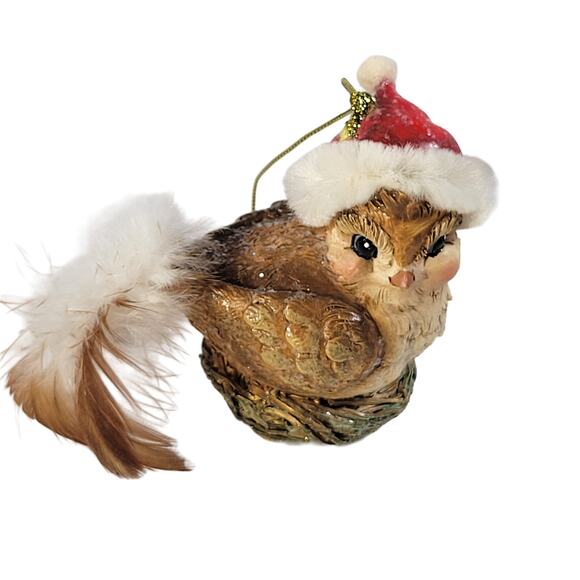 Vintage Christmas Bird Ornament with Santa Hat and Feather Tail - 3" Tall - Picture 9 of 9
